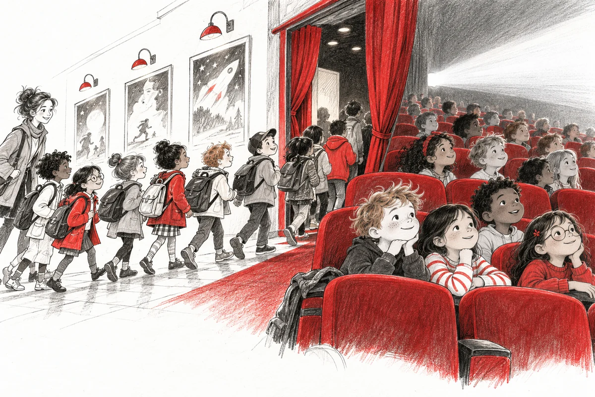 Des enfants entrent au cinéma puis s’installent dans les fauteuils de la salle